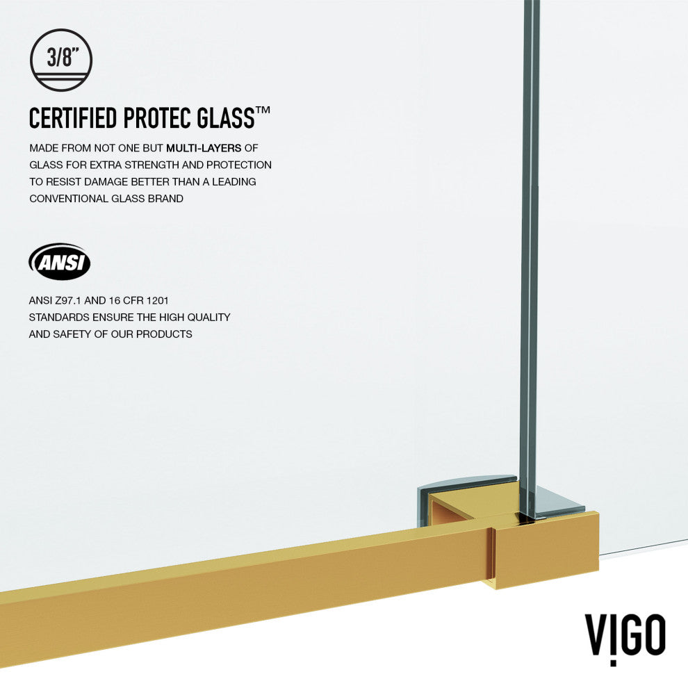 VIGO Elan 56" to 60" W x 66" H Frameless Sliding Tub Door, Matte Gold, Laminated Glass