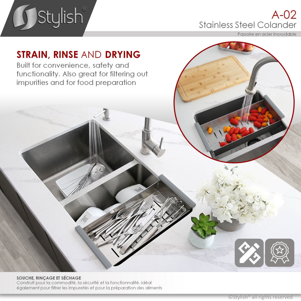 STYLISH Stainless Steel Over the Sink Colander for 16" Sink Opening