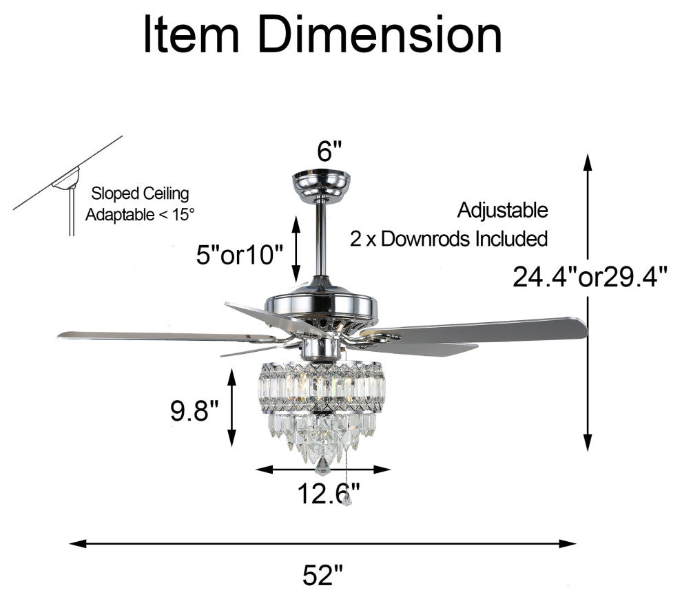 52" Black Crystal Reversible Ceiling Fan with 5 Wood Blades and Remote Control, Chrome, 52"
