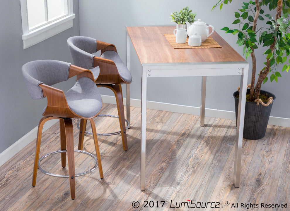 Curvini 24'' Counter Stool, Set of 2, Walnut Wood/Light Gray Fabric/Chrome