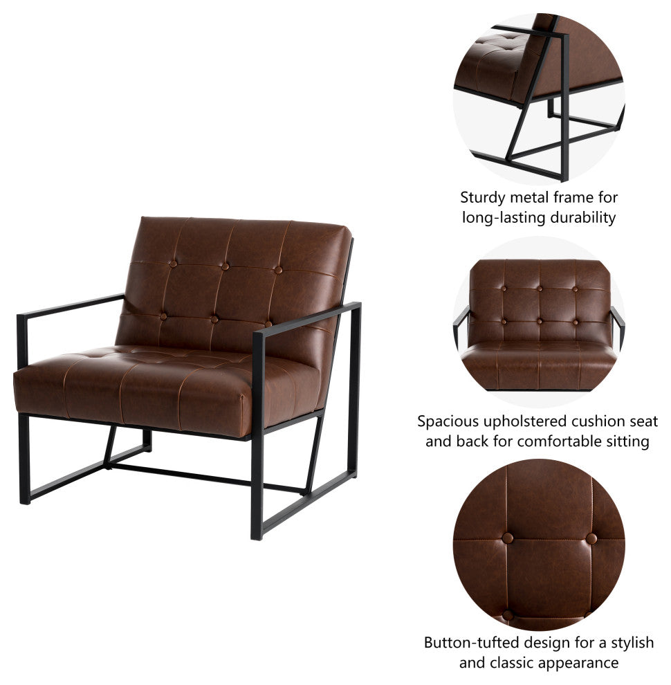 Modern Leatherette Accent Armchair With Black Metal Frame, Set of 2, Brown