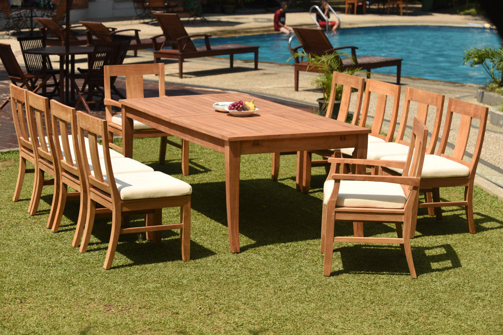 11-Piece Outdoor Teak Dining Set, 122" X-Large Rectangle Table, 10 Osbo Chairs