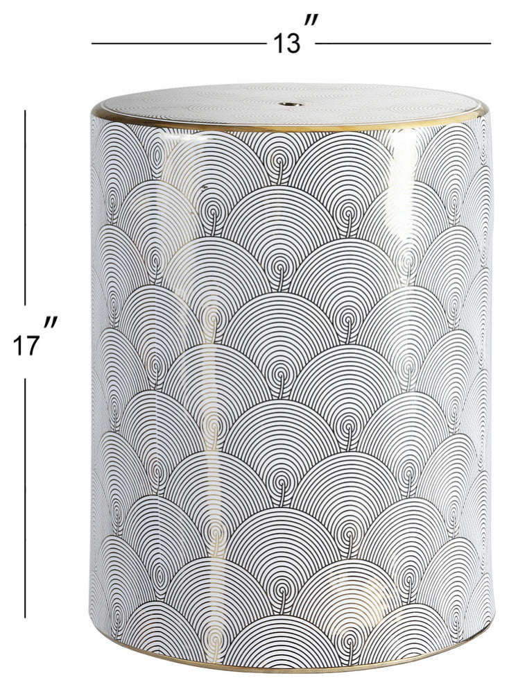 Fish Scale 17" Modern Ceramic Garden Stool, White and Gold