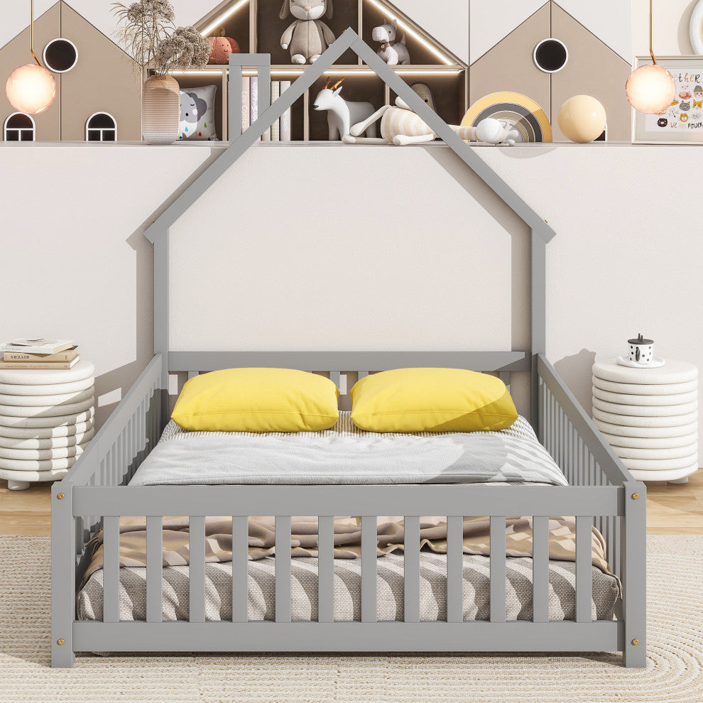 Gewnee Full House-Shaped Headboard Floor Bed with Fence