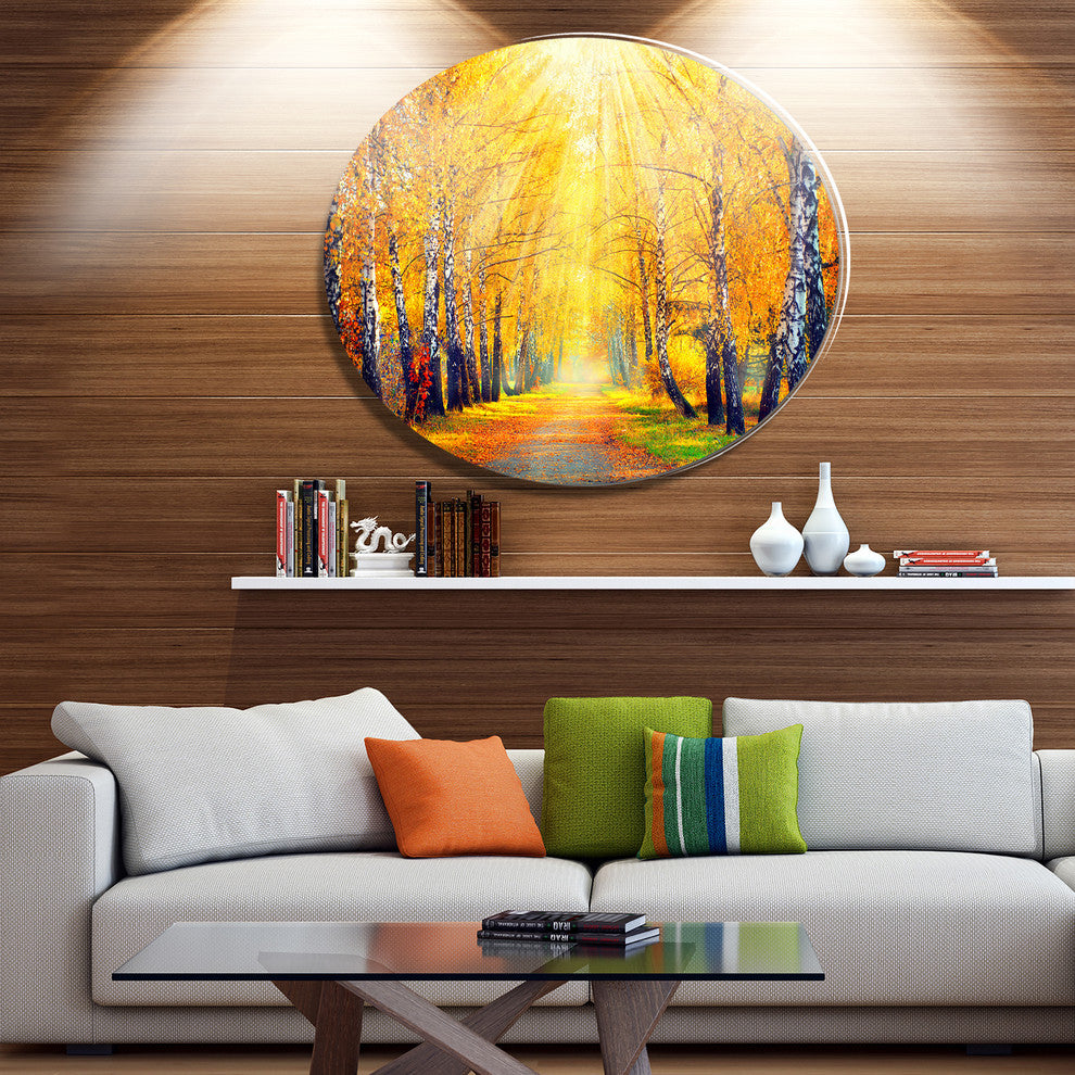 Yellow Autumn Trees In Sunray, Landscape Art Round Wall Art, 11"
