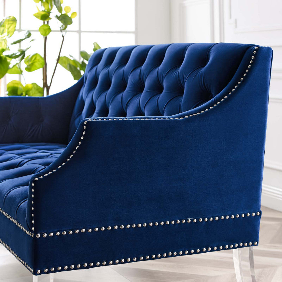 Tufted Loveseat Sofa, Velvet, Blue Navy, Modern, Living Lounge Hotel Hospitality