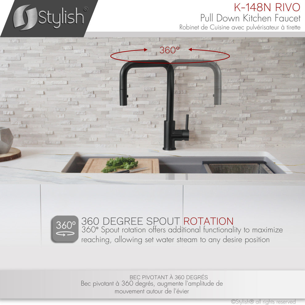 STYLISH Single Handle Pull-Down Dual Mode Kitchen Faucet Stainless Steel/Black