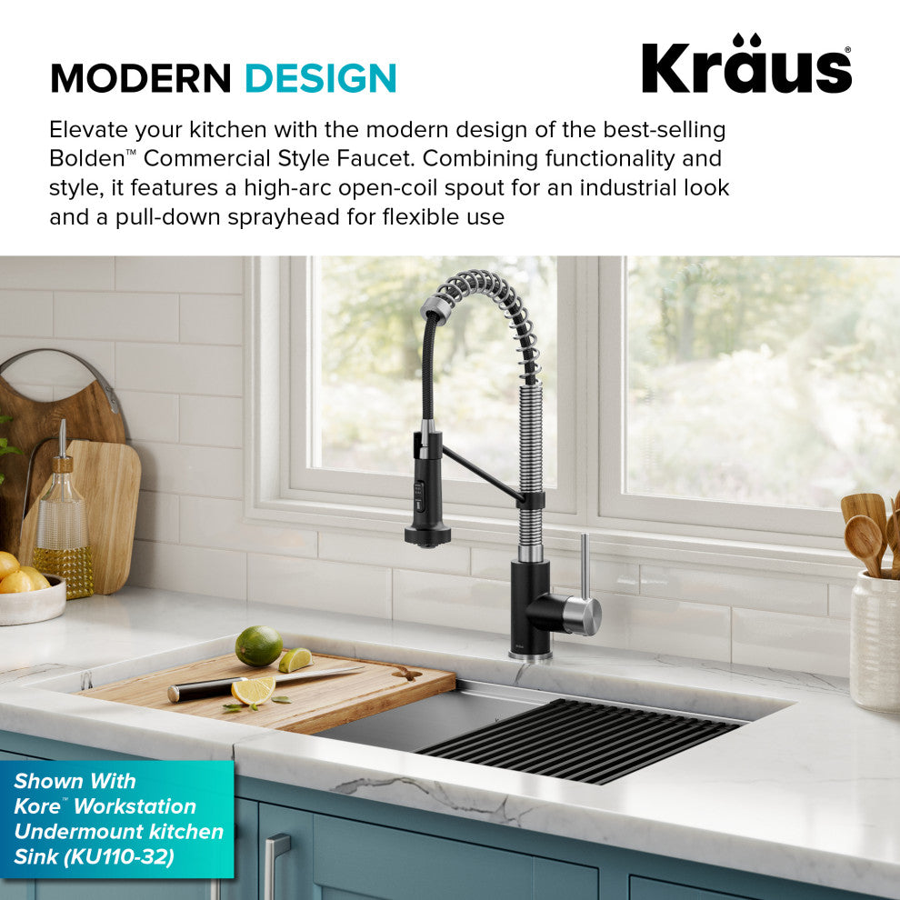 Bolden Commercial Style 2-Function Pull-Down 1-Handle 1-Hole Kitchen Faucet, Stainless Steel/ Matte Black