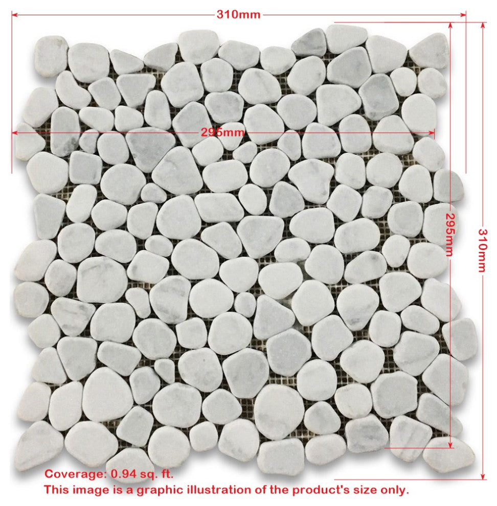 Pebble Stone Mosaic Tile Carrara White Marble River Rocks Tumbled, 1 sheet