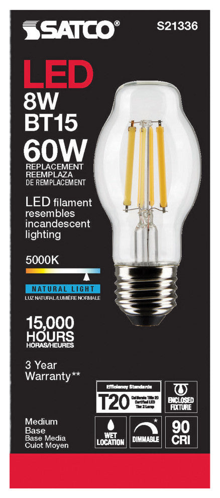 8W BT15 LED, Clear, Medium Base, 90 CRI, 5000K, 120V