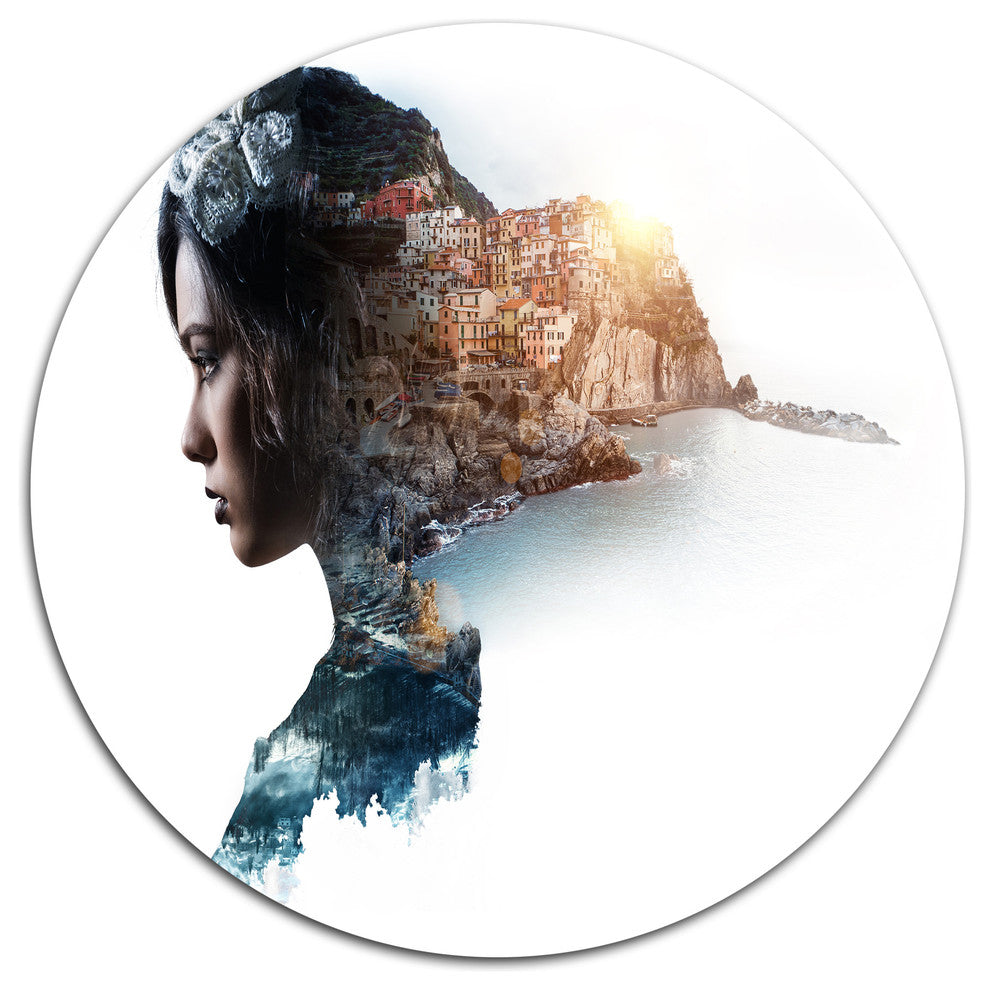 Double Exposure Woman Portrait, Modern Portrait Round Wall Art, 36"