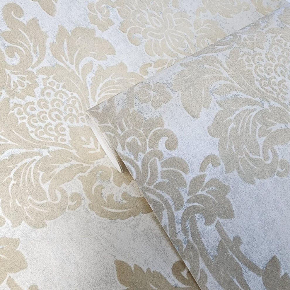Wallpaper flocking rustic beige Flocked vintage damask velvet wallcoverings roll, Double Roll 57.4 Sq.ft
