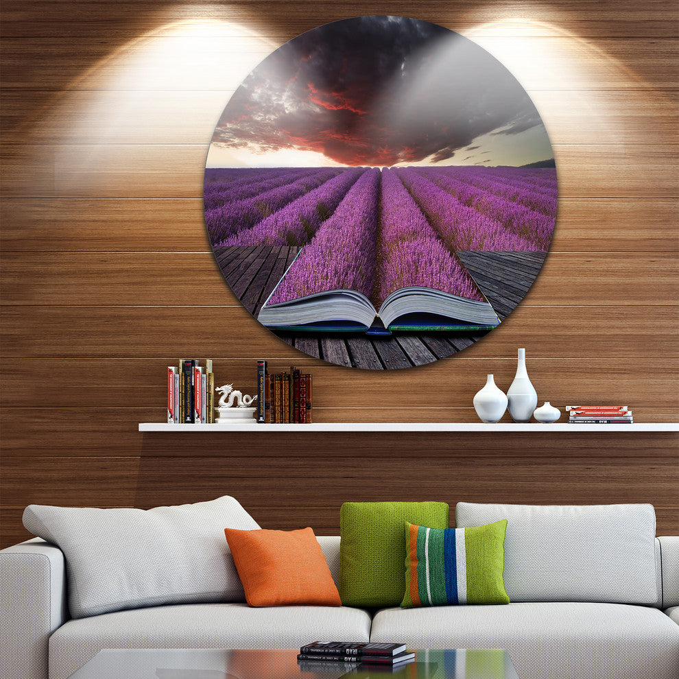 Book Open To Lavender Field, Floral Disc Metal Artwork, 23"