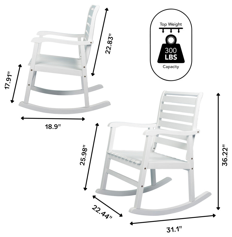 Carey Modern Slat-Back Acacia Wood Patio Outdoor Rocking Chair, White
