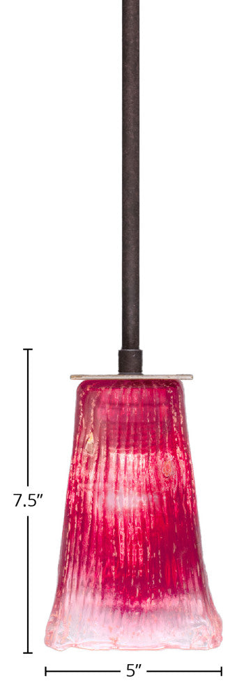 Apollo Stem Mini Pendant In Dark Granite, 5" Square Raspberry Crystal Glass