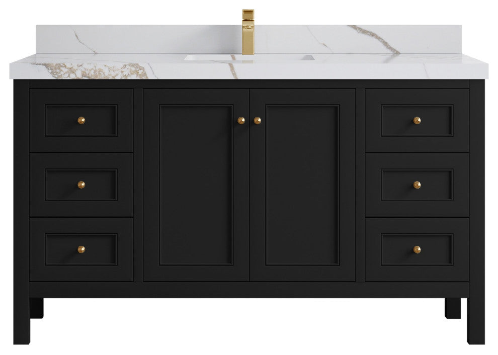 Nashville 60" Single Bathroom Vanity, Black 2" Calacatta Gold