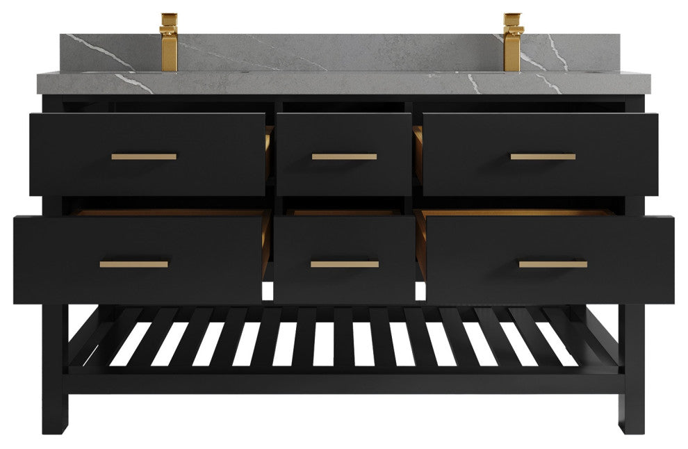 Parker 60" Double Sink Bath Vanity, Black 2" Piatra Gray