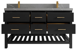 Parker 60" Double Sink Bath Vanity, Black 2" Piatra Gray