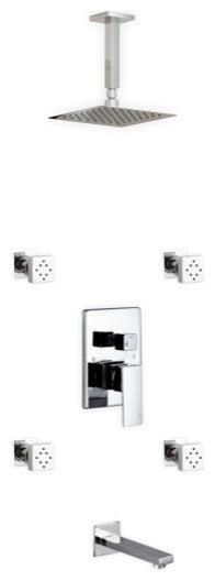 Brass Shower Set, 8" Ceiling Mount Square Rain Shower, Tub Filler, 4 Body Jets