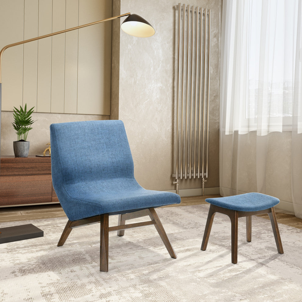 Modrest Whitney Modern Blue and Walnut Accent Chair and Ottoman