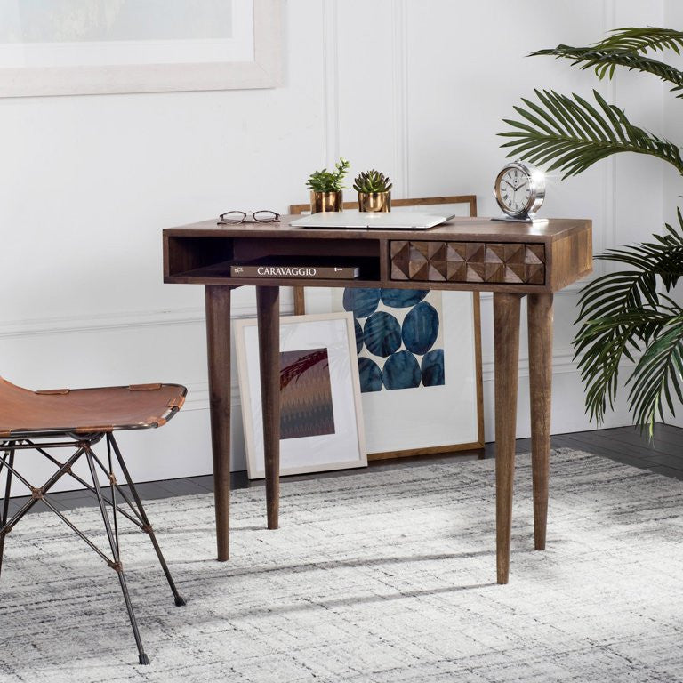 Transitional Desk, Tapered Legs & Unique Geometric Accented Drawer Front, Walnut