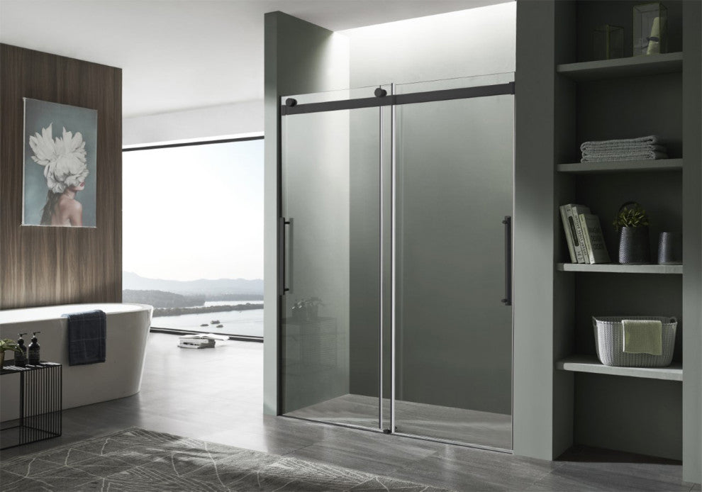 ANZZI Stellar 76" H Frameless Sliding Shower Door, Matte Black, 48" W