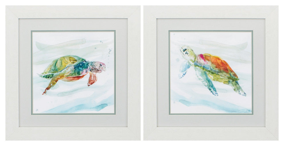 19" X 19" White Frame Turtle Tropics (Set Of 2)