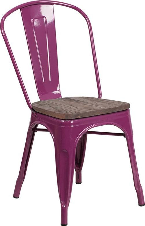 Purple Metal Stackable Chair With Wood Seat