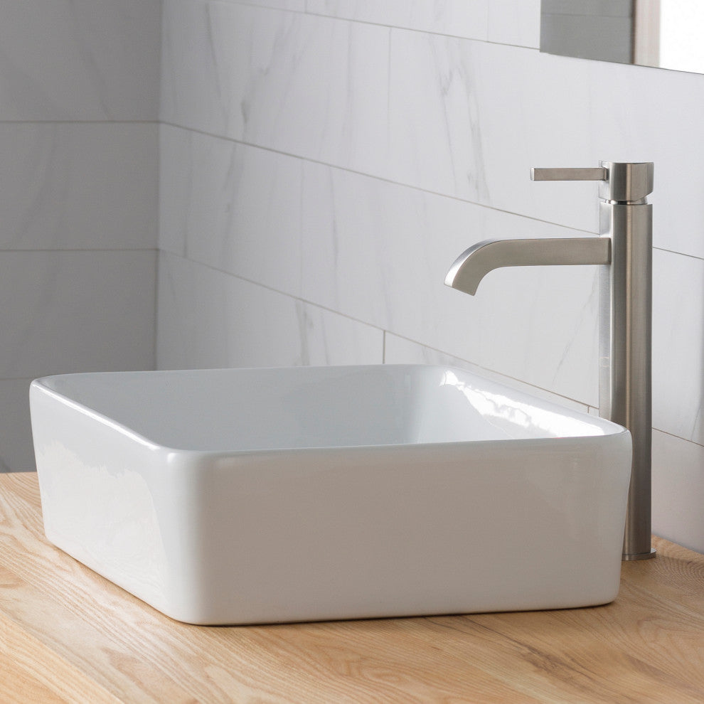 Elavo Square Ceramic Vessel Sink, Bathroom Ramus Faucet, PU Drain, Satin Nickel