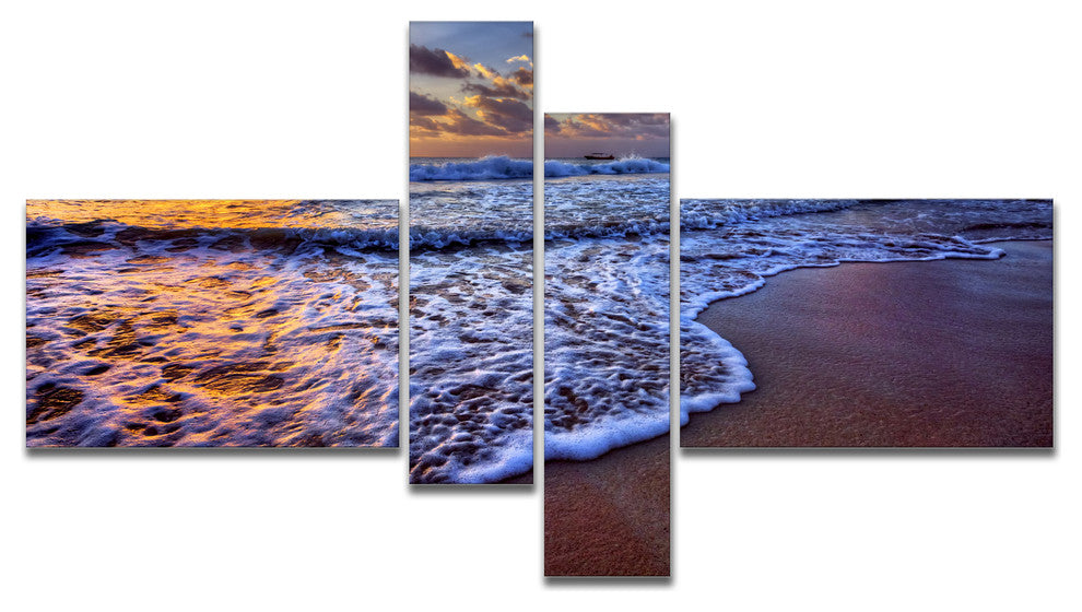 Sunset over Blue Sea Waves, Seashore Canvas Art Print, 60"x32", 4 panels