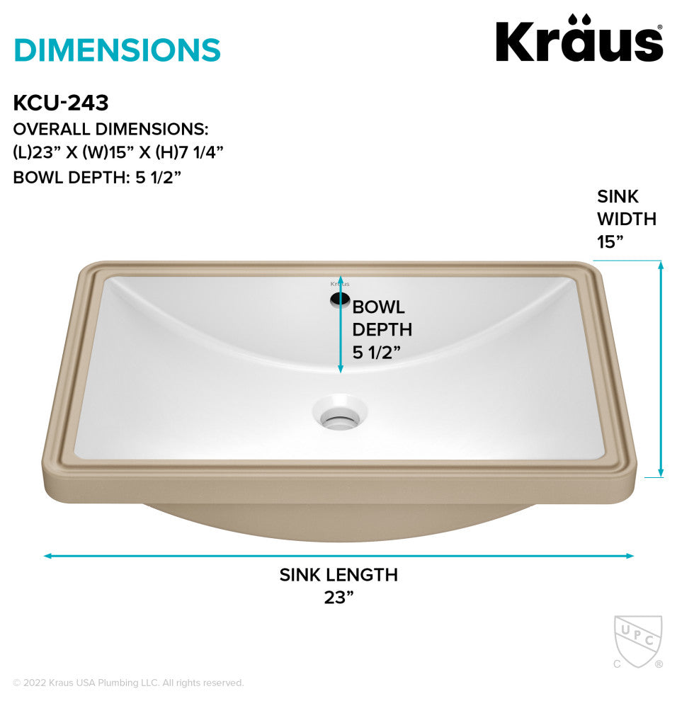 KRAUS Elavo 23 in. Rectangular Porcelain Ceramic Undermount Bathroom Sink