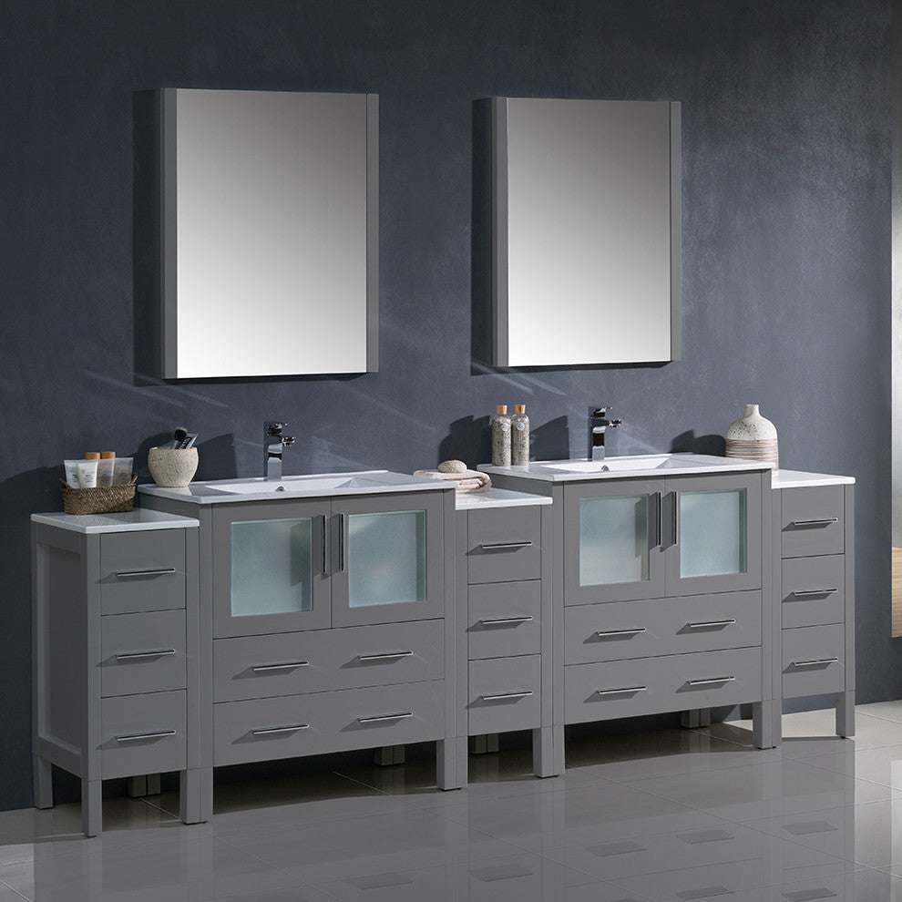 96" Gray Double Sink Bathroom Vanity With 3 Side Cabinets, Faucet, FFT9151BN