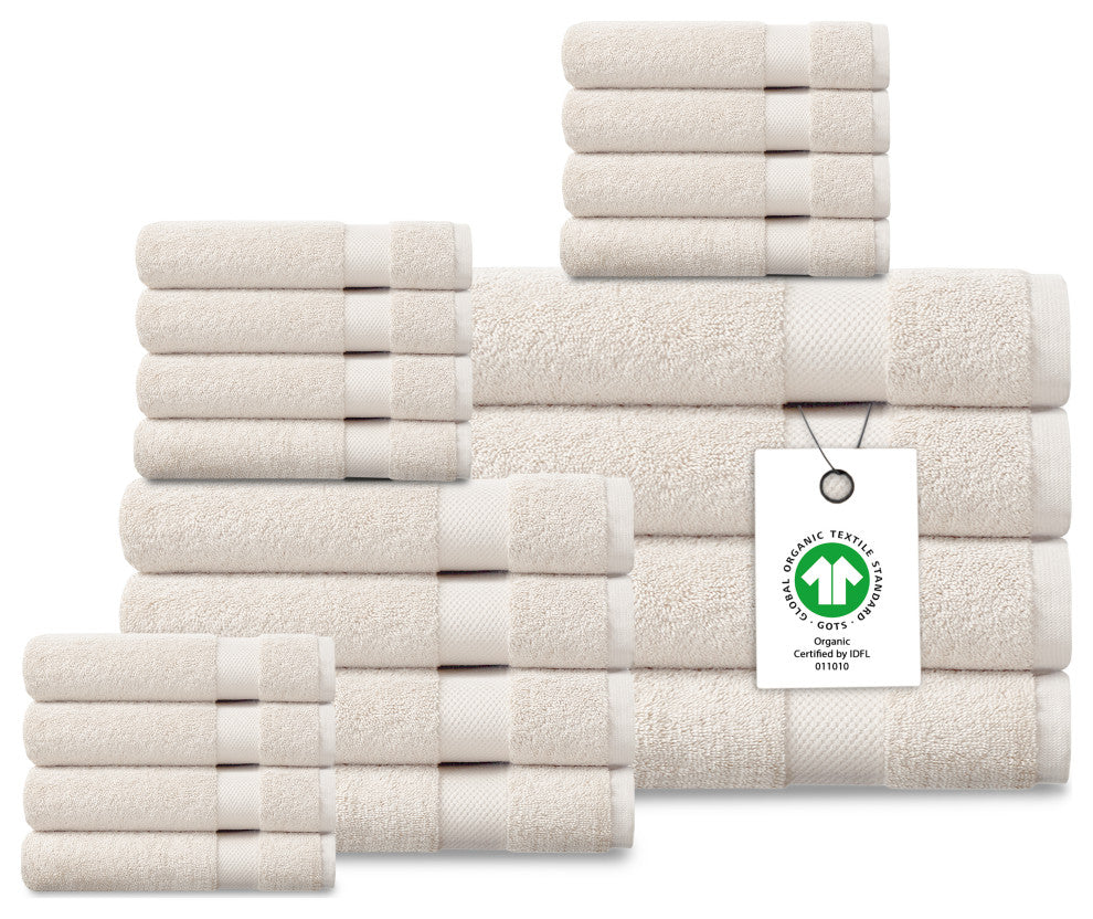 Delara 20-Piece Solid 100% Organic Cotton Plush Bath Towel Set 30"x58", Ivory