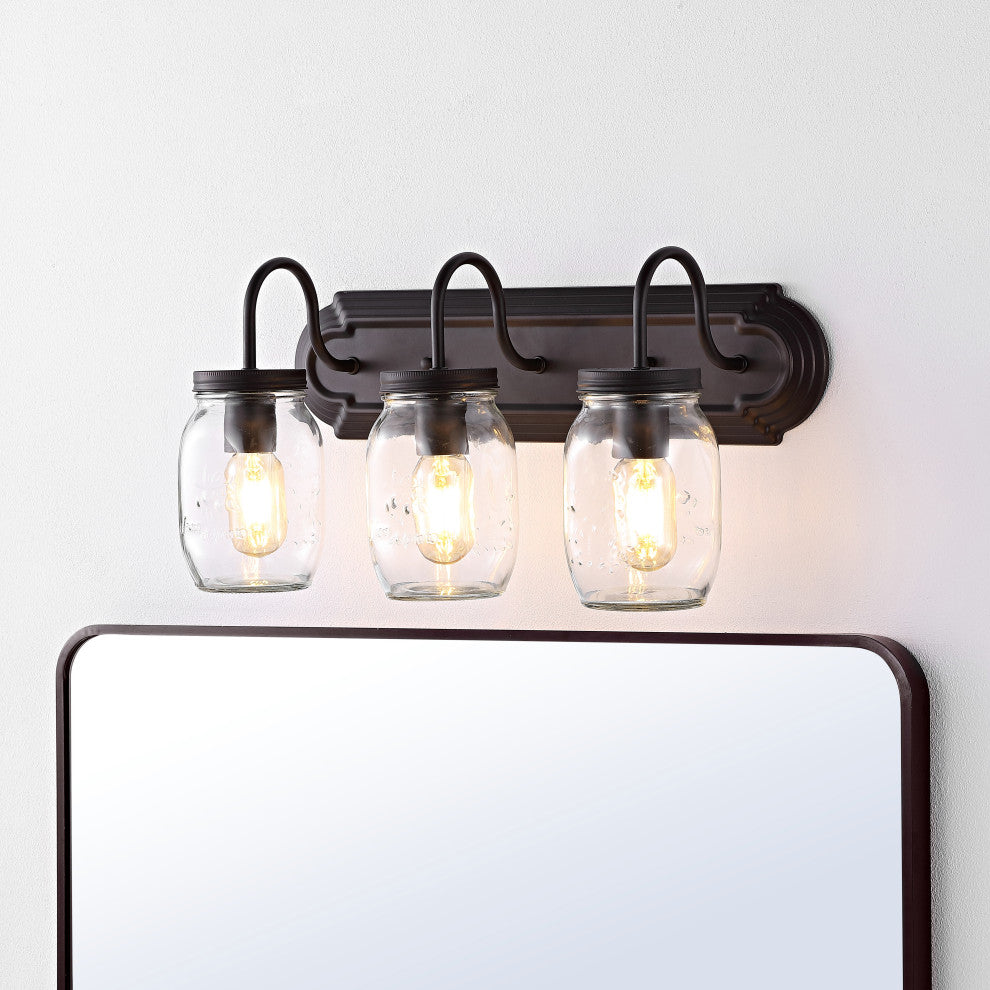 Gaines 19.3" 3-Light Farmhouse Mason Jar LED Vanity, Oil Rubbed Bronze/Clear