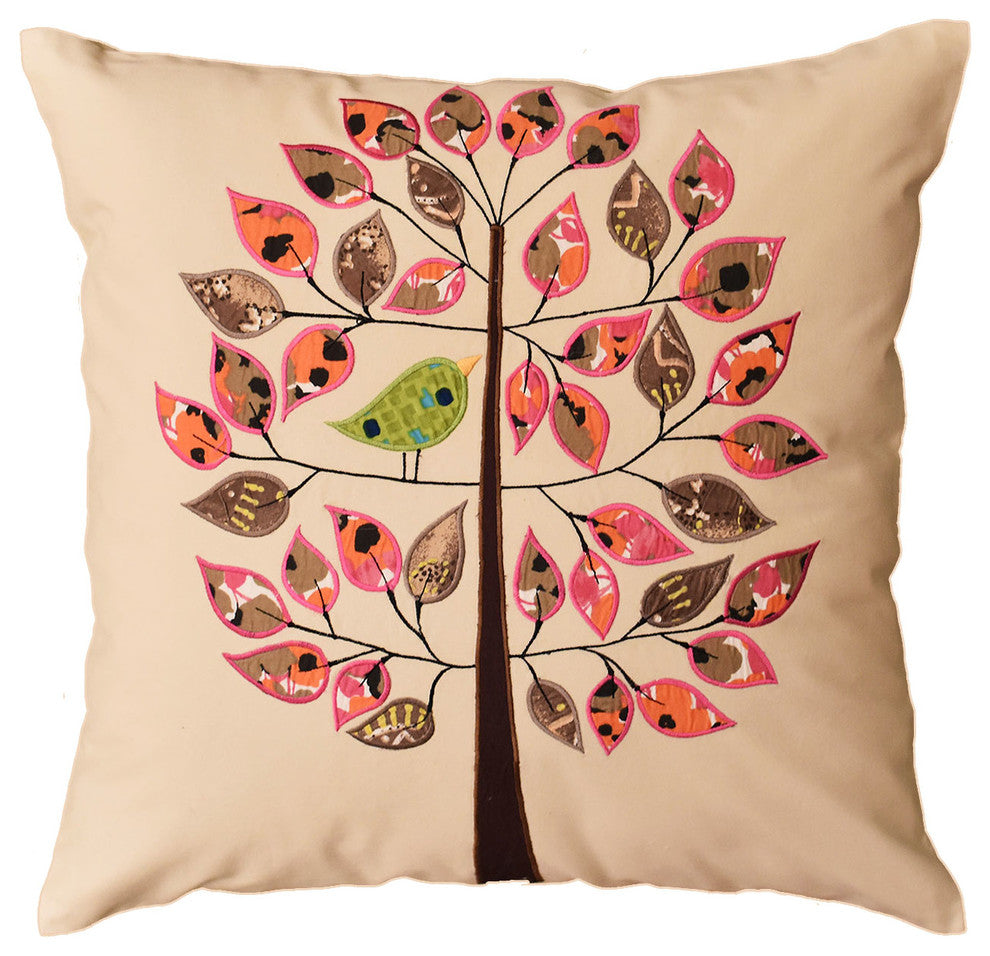 Beige Tree of Life Bird Decorative Pillow Cover Cotton Applique Work 18x18"