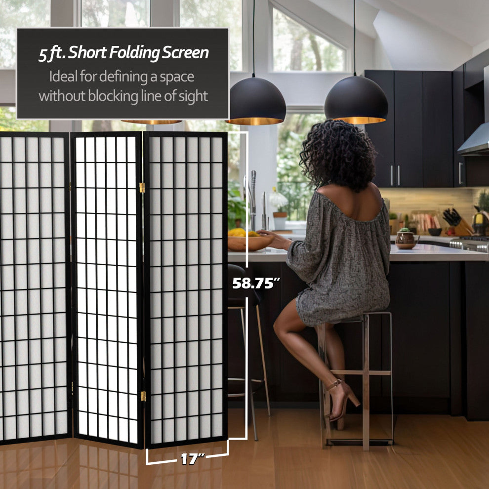 5' Tall Window Pane Shoji Screen, Black, 4 Panels