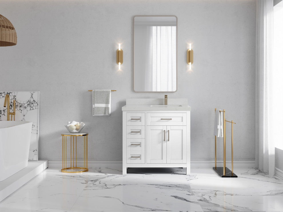 Cambridge 36 Right Offset Bath Vanity in White 2" Carrara Quartz