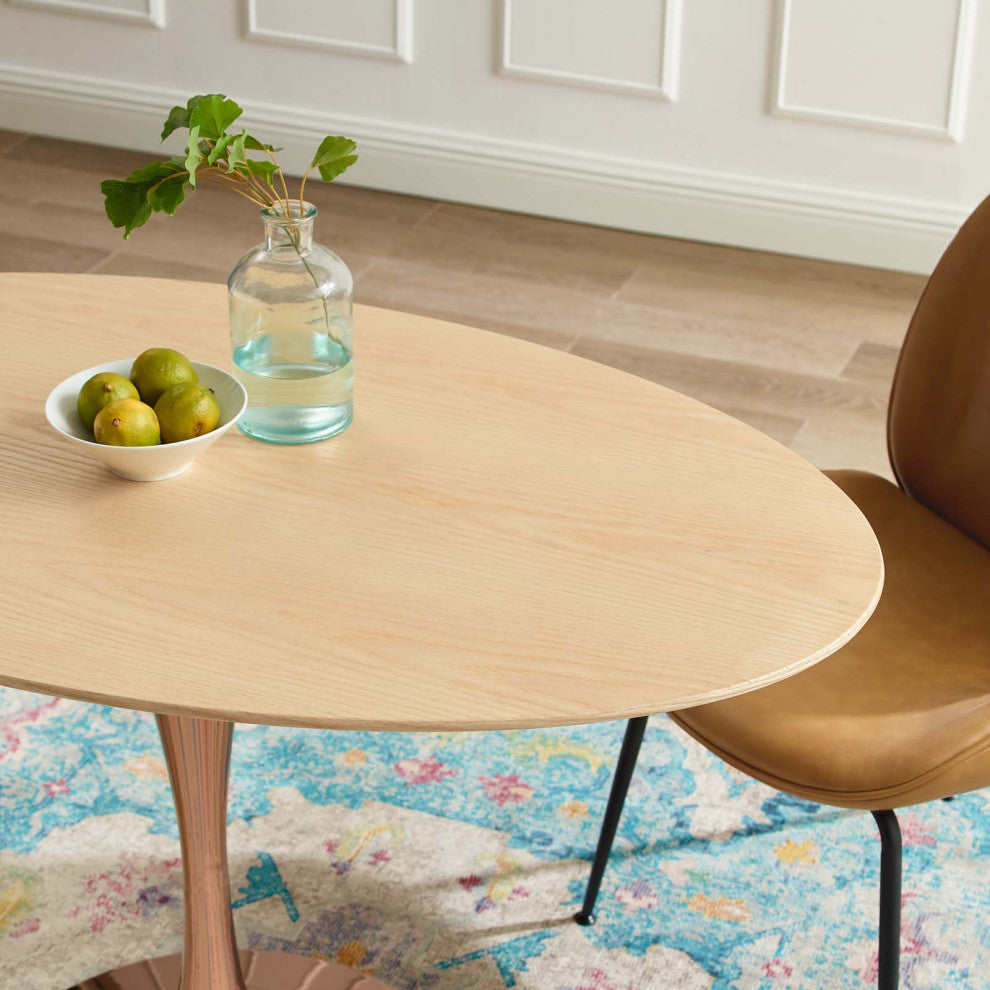 Dining Table, Oval, Wood, Rose Gold Brown Natural, Modern, Bistro Restaurant