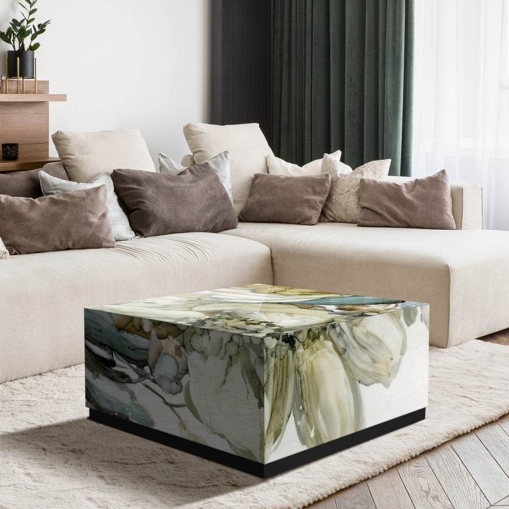"Seaglass Garden II" Reverse Printed Glass Cocktail Table with Black Plinth Base