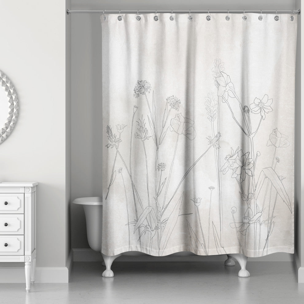Beige Wildflower Sketch 71x74 Shower Curtain