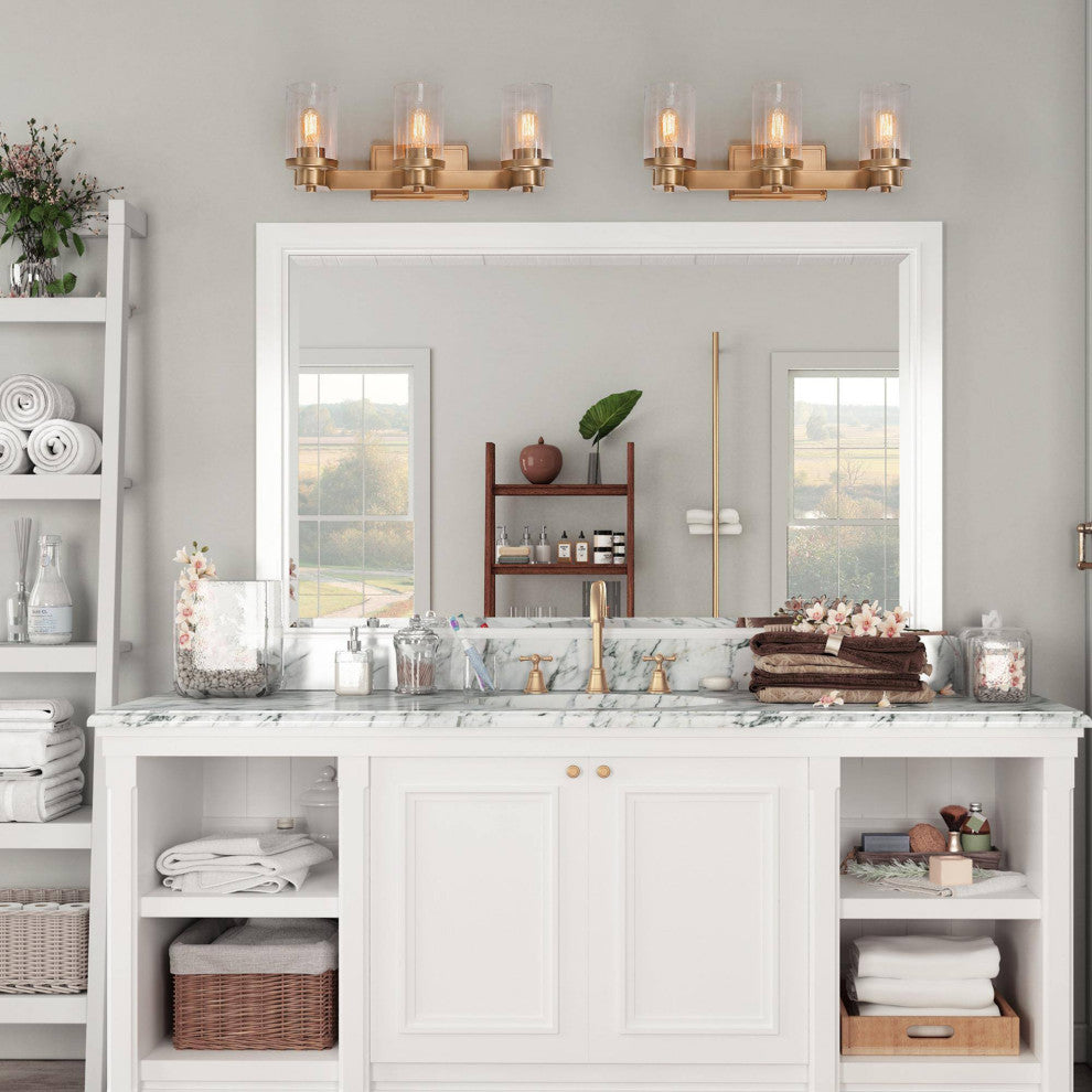 LNC 3-Light Gold Modern Bathroom Vanity Light, Seeded Glass