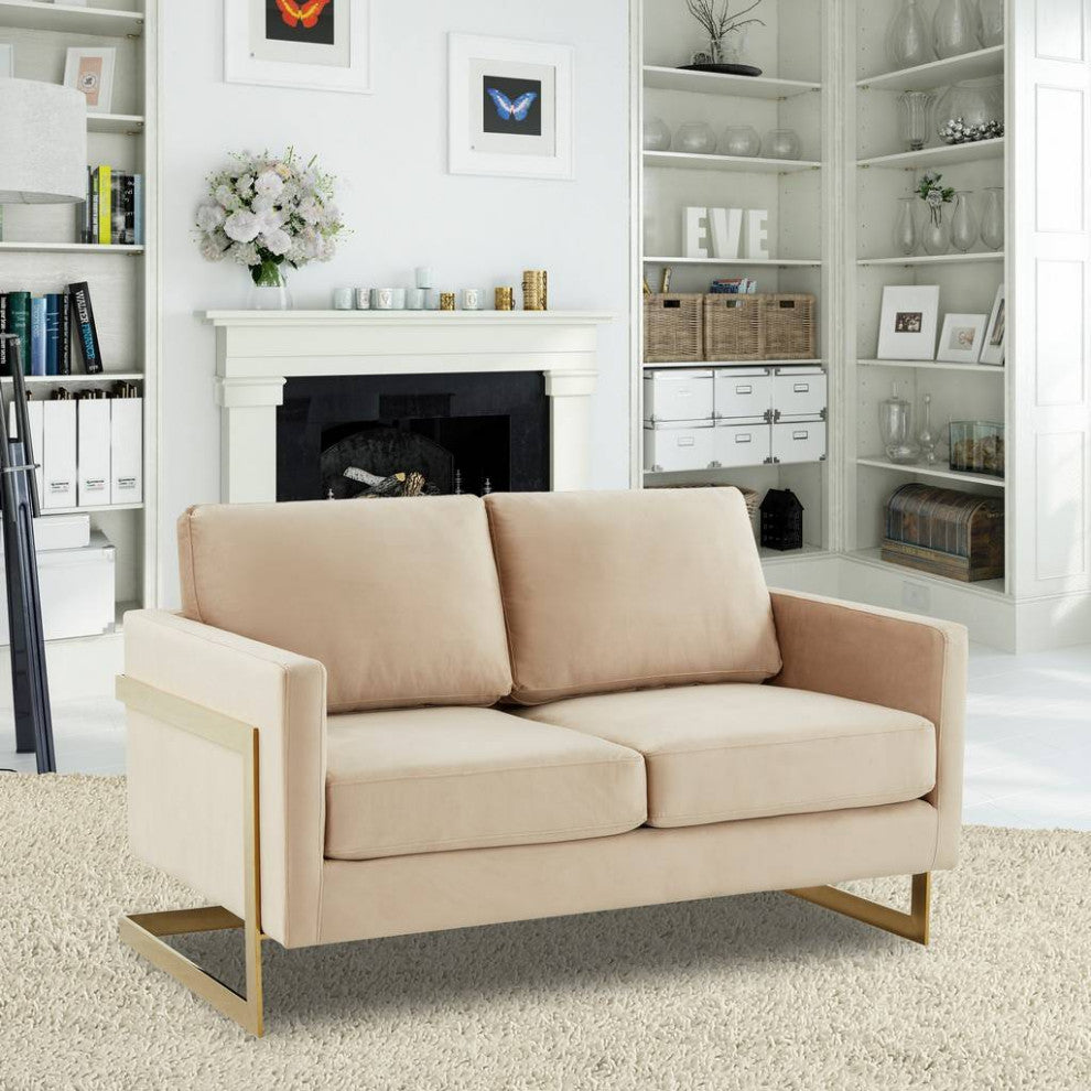 LeisureMod LA55BG Lincoln Beige Modern Mid-Century Velvet Loveseat Gold Frame