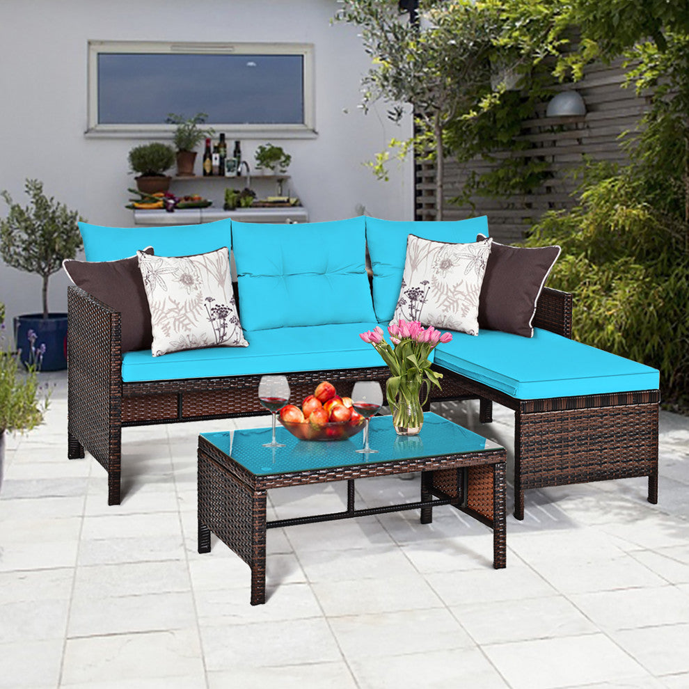 Costway 3PCS Patio Wicker Rattan Sofa Set Outdoor Conversation Set Turquoise