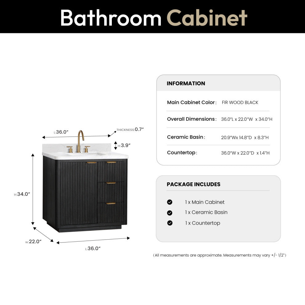 Vinnova Cadiz Bath Vanity, Composite Stone Top, Black, 36", No Mirror