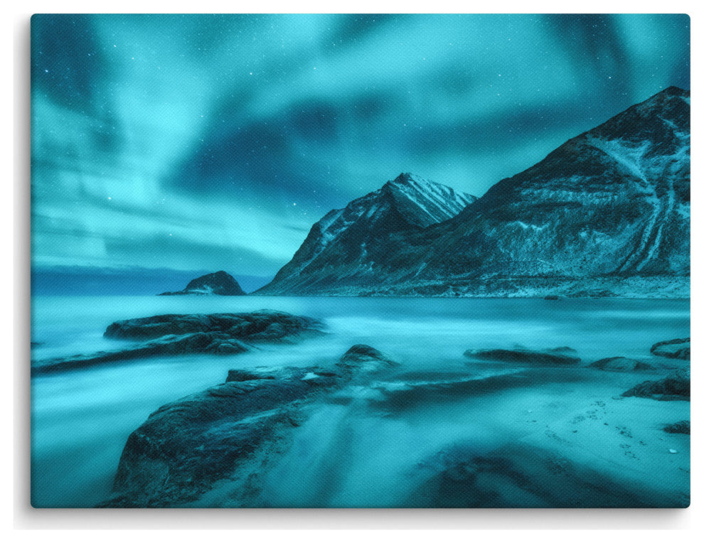 Blue Northern Lights and Mountain Coast Landscape Photo Canvas Wall Art Prints, 12" X 16"