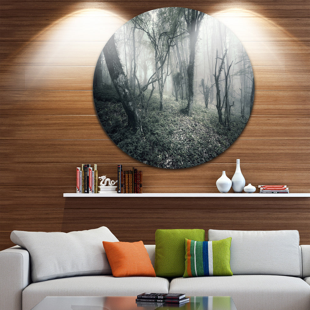 Vintage Forest Filled With Fog, Landscape Photo Round Wall Art, 11"