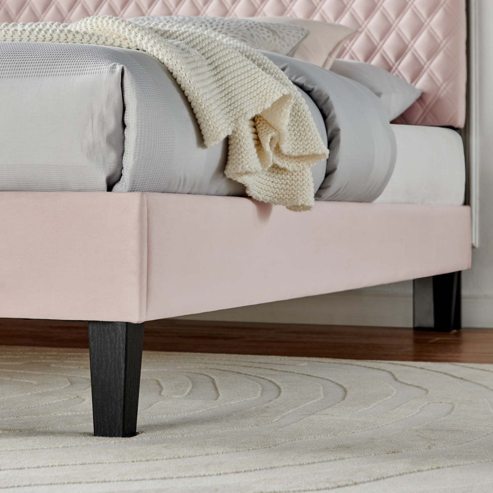 Platform Bed Frame, King Size, Pink, Velvet, Modern, Bedroom Master Guest Suite