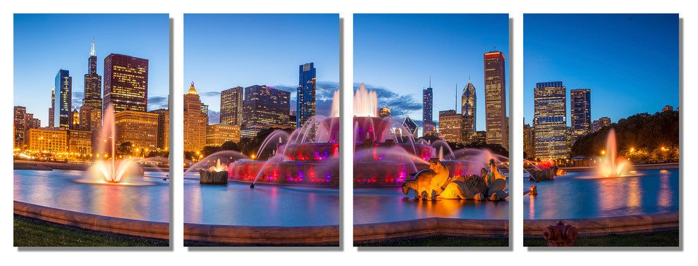 Chicago Buckingham Fountain, 4 Panel Split, Metal Print Wall Art, HD, 64x24