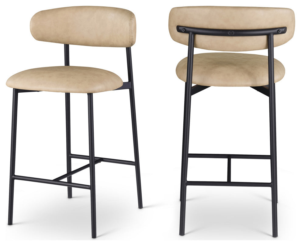 Lupita Upholstered Counter Stool, Tan, Vegan Leather, Matte Black, Set of 2