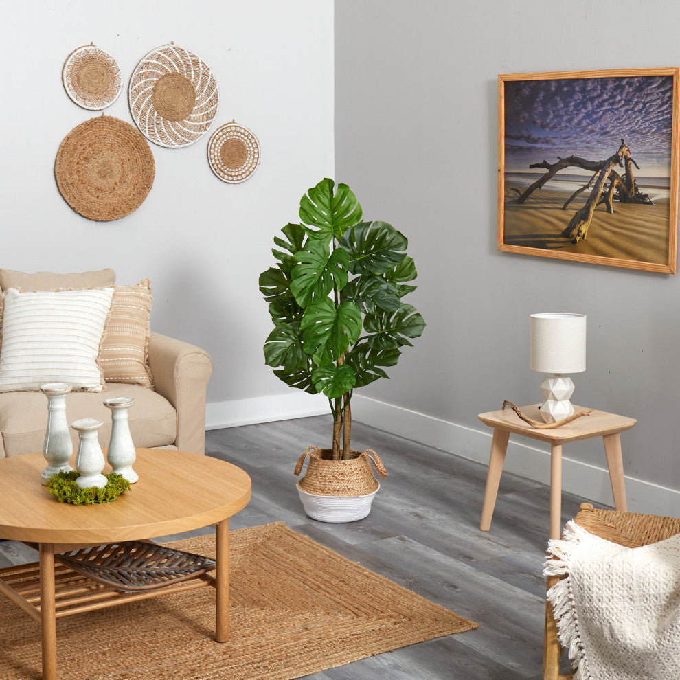 4' Monstera Faux Tree, Boho Chic Handmade Cotton & Jute White Woven Planter